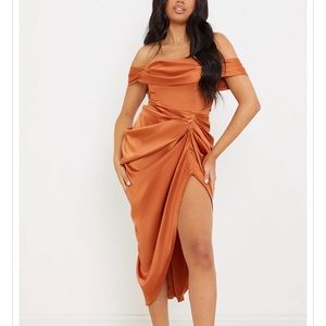 Copper Satin Draped Bardot Midi Dress